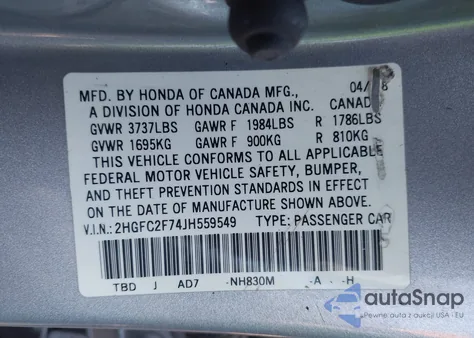 2018 Honda Civic Ex из США, поврежденный, VIN 2HGFC2F74JH559549